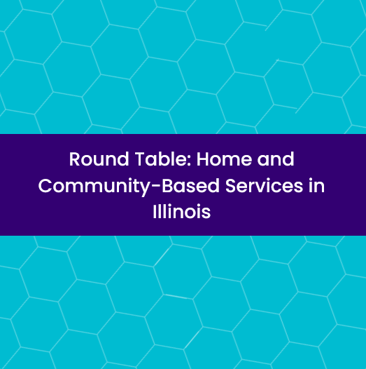 Text on geometric background reads "Round Table: Home and Community-Based Services in Illinois"